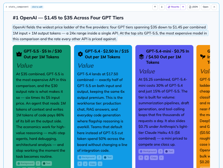 A stats component block showing four coloured pricing cards, each with its own background and text colour controls